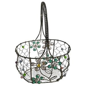 Vintage Metal Wire Basket, Pink & Green Beaded Daisies Flowers, silver tone